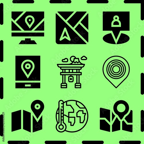 Simple 9 icon set of map related global warming, pin, gps and map vector icons. Collection Illustration
