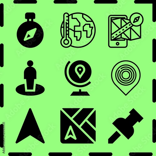 Simple 9 icon set of map related location, globe, global warming and pin vector icons. Collection Illustration