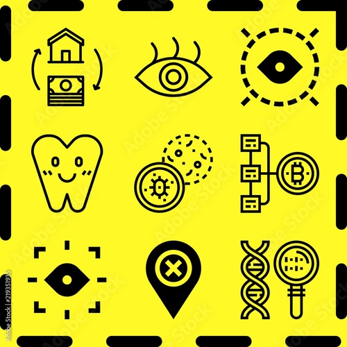 Simple 9 icon set of human related buy, eye, tooth and genetic vector icons. Collection Illustration