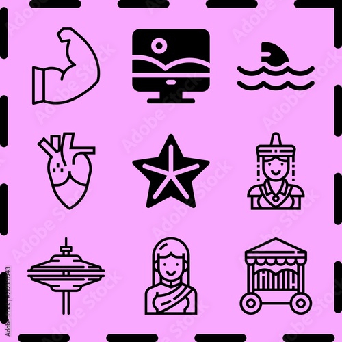 Simple 9 icon set of art related photoshop, laos, egyptian and cage vector icons. Collection Illustration