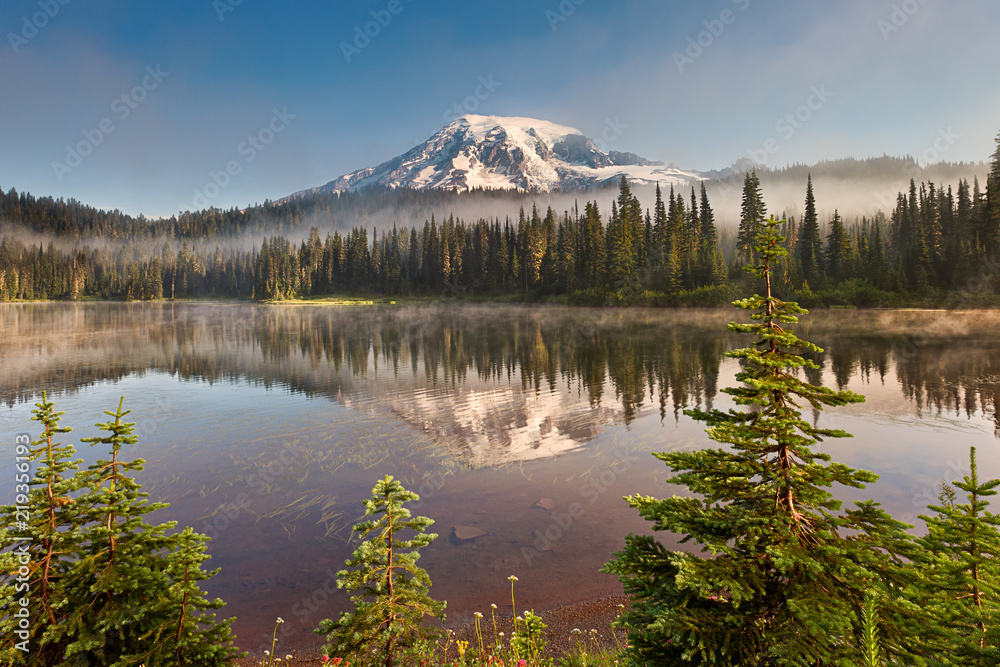 Mt Rainier and Reflection lake in morning