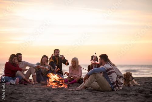 Group Of Young Friends Sitting By The Fire at beach