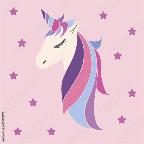 vector pink unicorn beautiful for girls, festive purple, for birthday. head of a unicorn with a horn and mane