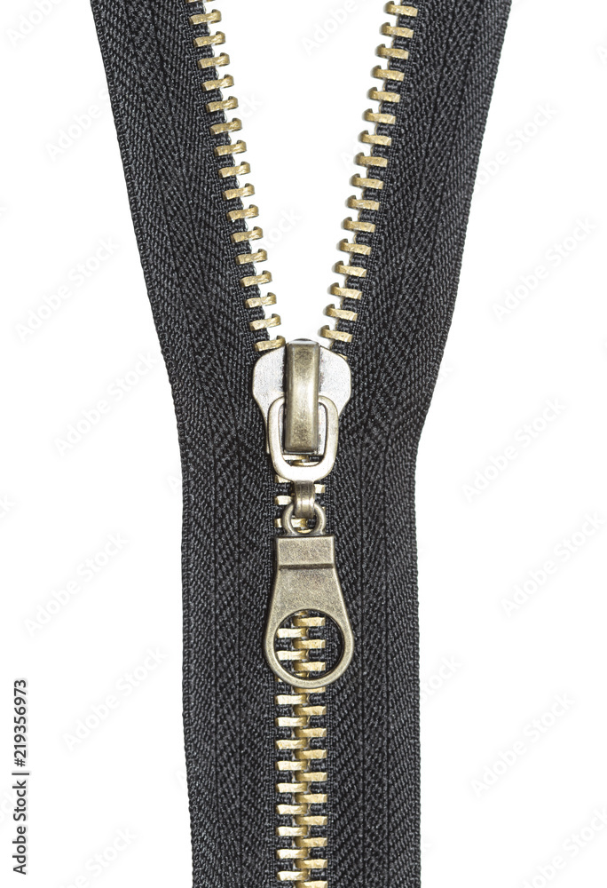 Close-up of a metal zipper on a white background Close-up of a metal zipper on a white background