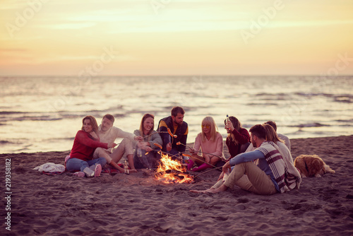 Group Of Young Friends Sitting By The Fire at beach © .shock