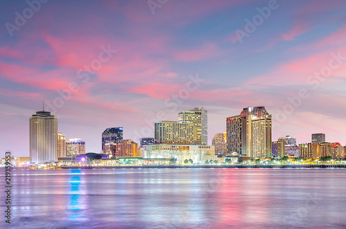 Downtown New Orleans  Louisiana and the Mississippi River at twilight