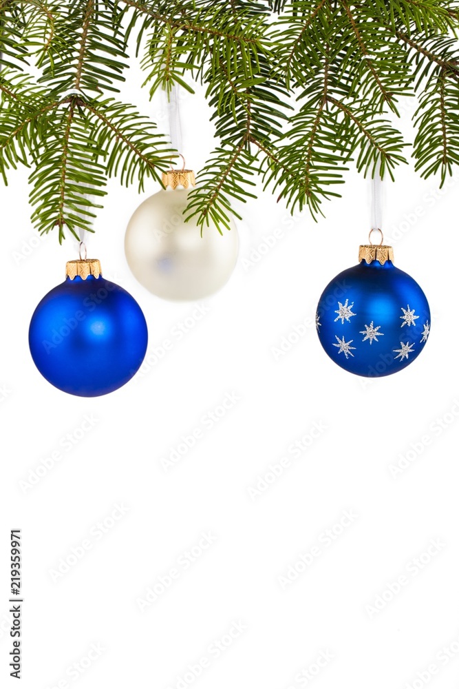 Blue and White Baubles on Christmas Tree Branch Blue and White Baubles on Christmas Tree Branch