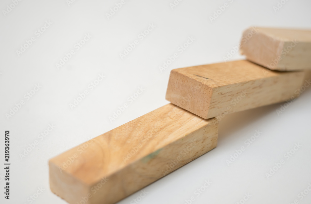 wooden block Line up on white background close up