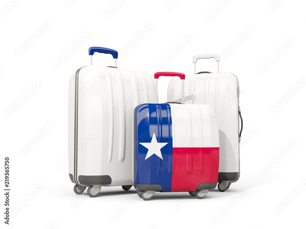 Luggage with flag of texas. Three bags with united states local flags Luggage with flag of texas. Three bags with united states local flags