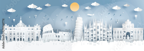 Panorama of top world famous landmark of Italy for travel poster and postcard, in paper cut style vector illustration.