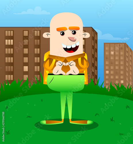 Schoolboy with heart shape hand gesture. Vector cartoon character illustration.