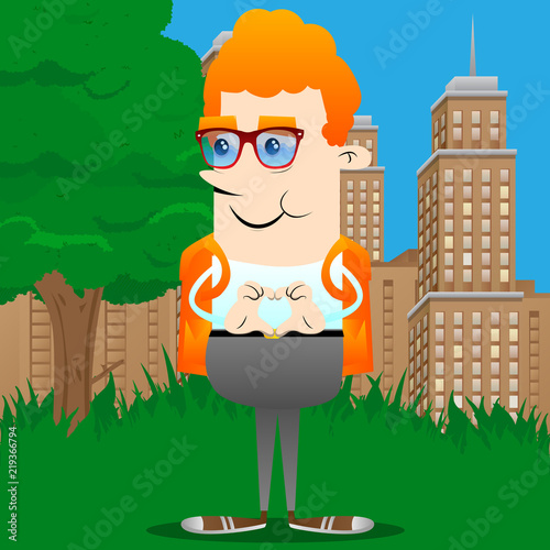 Schoolboy with heart shape hand gesture. Vector cartoon character illustration.