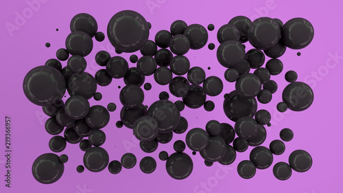 Black spheres of random size on purple background