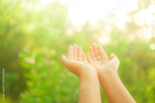 Woman hands place together like praying in front of nature green  background.