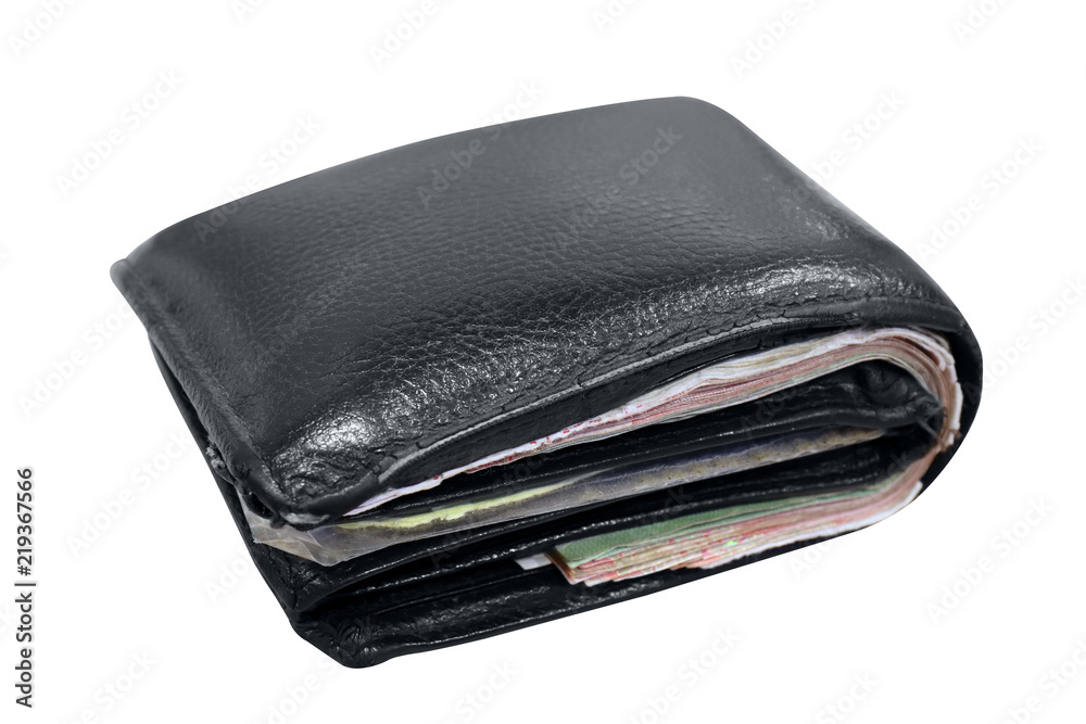 wallet, billfold, black leather wallet isolated on white background, wallet full on white background, wallet full of banknotes and credit cards (selective focus) wallet, billfold, black leather wallet isolated on white background, wallet full on white background, wallet full of banknotes and credit cards (selective focus)