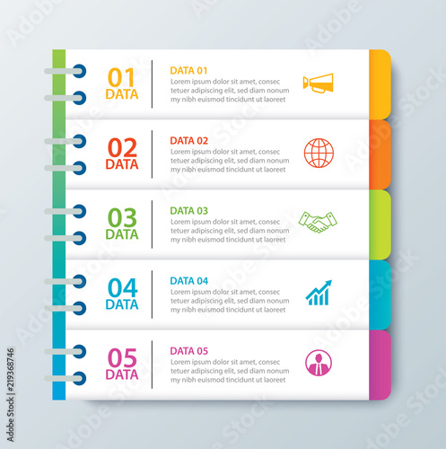 Infographics tab in horizontal paper index with 5 data template. Vector illustration abstract notebook background. Can be used for workflow layout, business step, banner, web design.