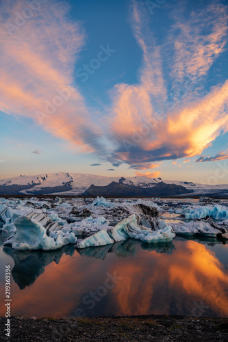 Icebergs in Jokulsarlon glacier lagoon. Vatnajokull National Park, Iceland Summer.Midnight Sun.