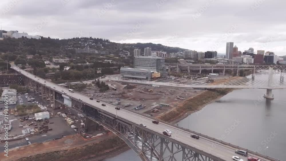 Aerial follows traffic along Portland's Ross Island Bridge