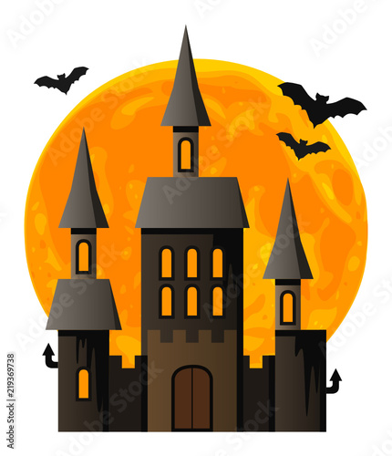 Halloween Burg vor Vollmond mit Fledermäusen