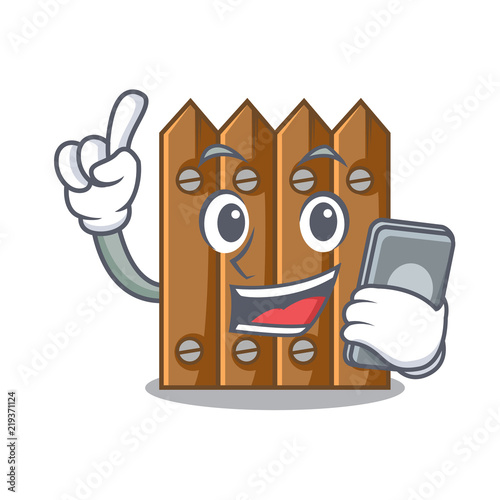 With phone brown wooden fence isolated on character