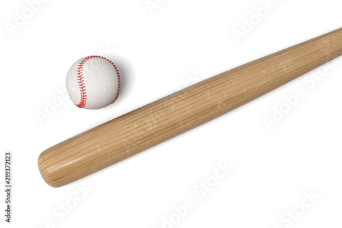 3d rendering of a wooden baseball bat with black wrap on the handle lying near a white leather ball. photo