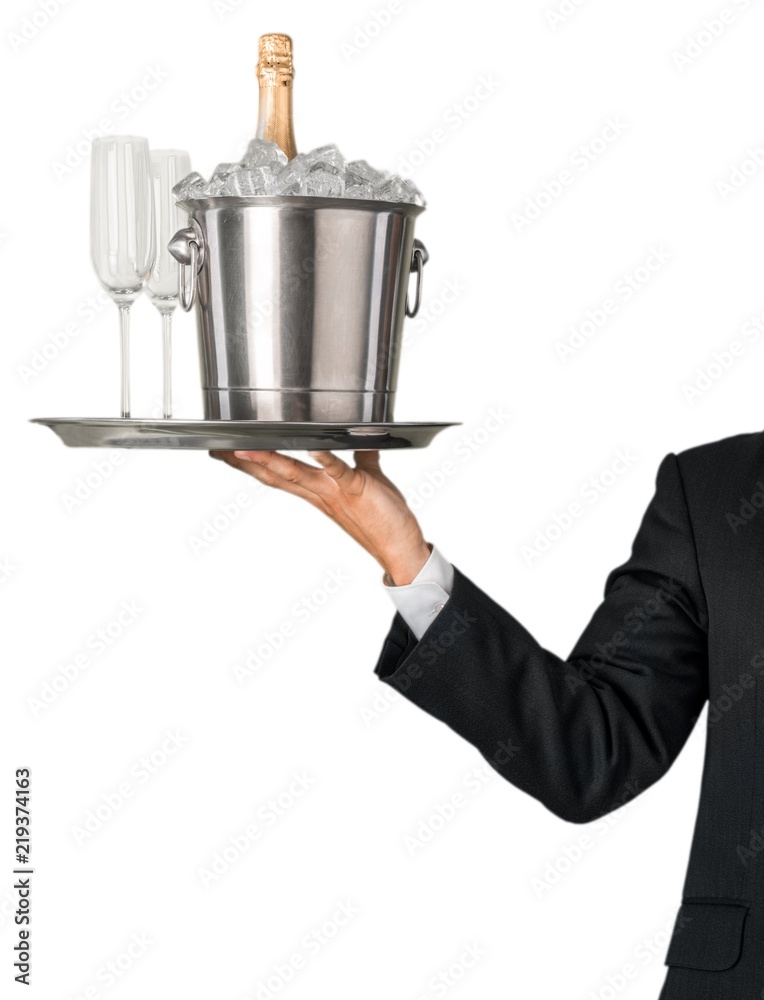 Waiter Hand with Bottle of Champagne and Glasses Waiter Hand with Bottle of Champagne and Glasses