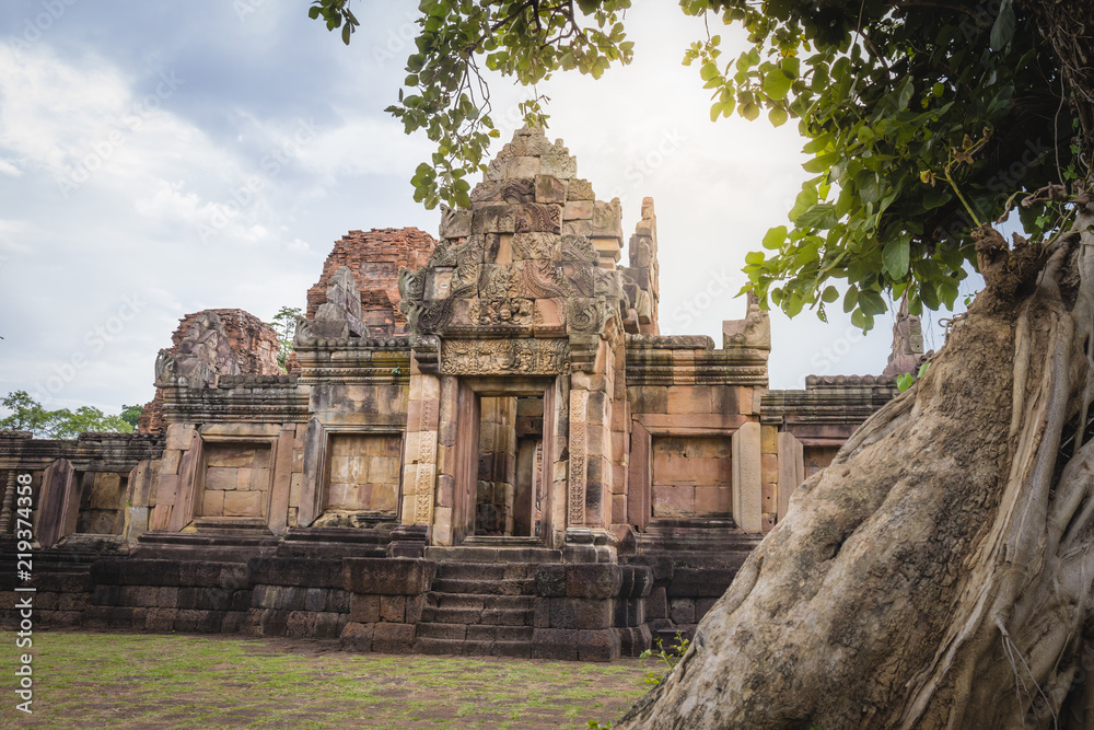 Fantastic archaeological site Prasat Muang Tam or Muang Tam castle near Prasat Phanomrung Historical Park at Buriram in Thailand.