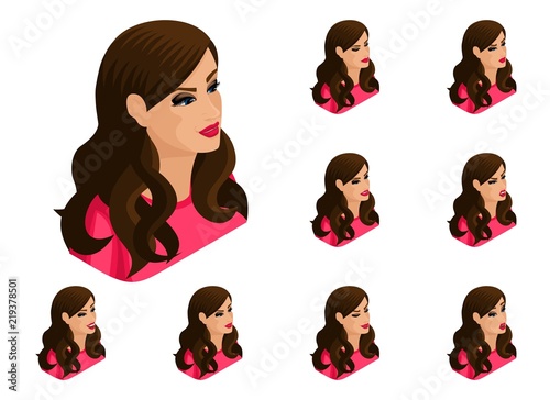 Isometry girl set of hairstyles and emotions, beautiful, bright woman. Qualitative 3D vector isometry