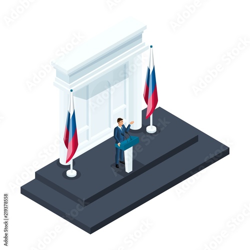 Isometrics business man presidential candidate, 3d candidate speaks at a briefing in the Kremlin. Russian flag, elections, voting, forward movement