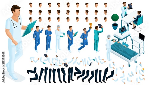 Isometric Constructor of the surgeon with a set of gestures and emotions. Create your character. A large set of accessories for the hospital worker