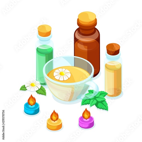 Isometric concept, 3D illustration of products against influenza, natural products for immunity and calming tea chamomile and mint