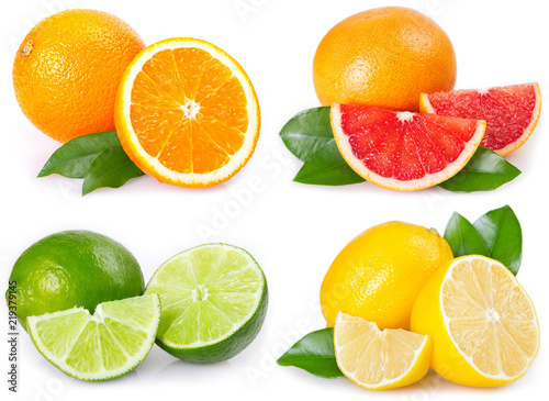 Fresh orange, grapefruit, lemon and lime on white background