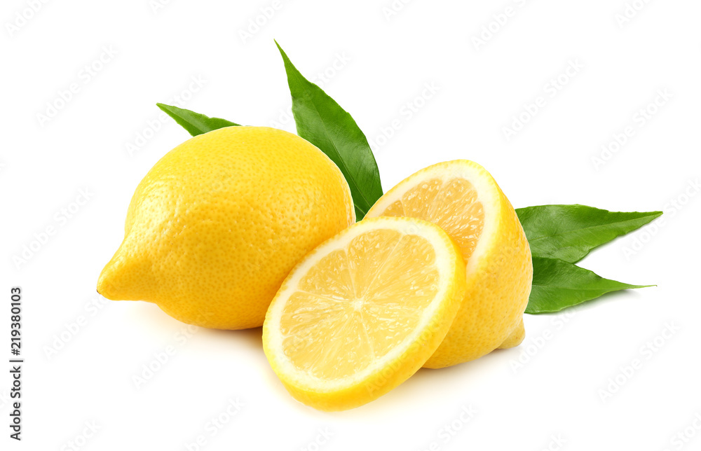 healthy food. lemon with slices and green leaf isolated on white background