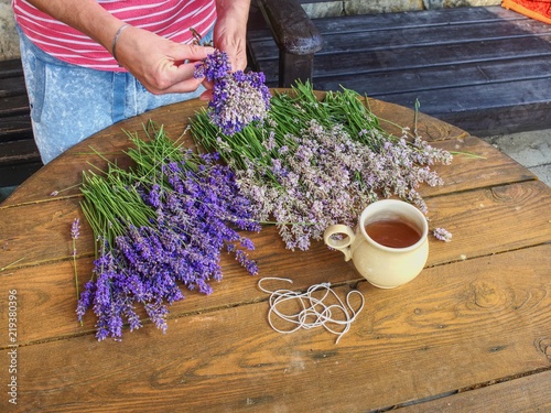 Fototapeta Naklejka Na Ścianę i Meble -  Hands of gardener woman create relaxing smell herbal bouquet.