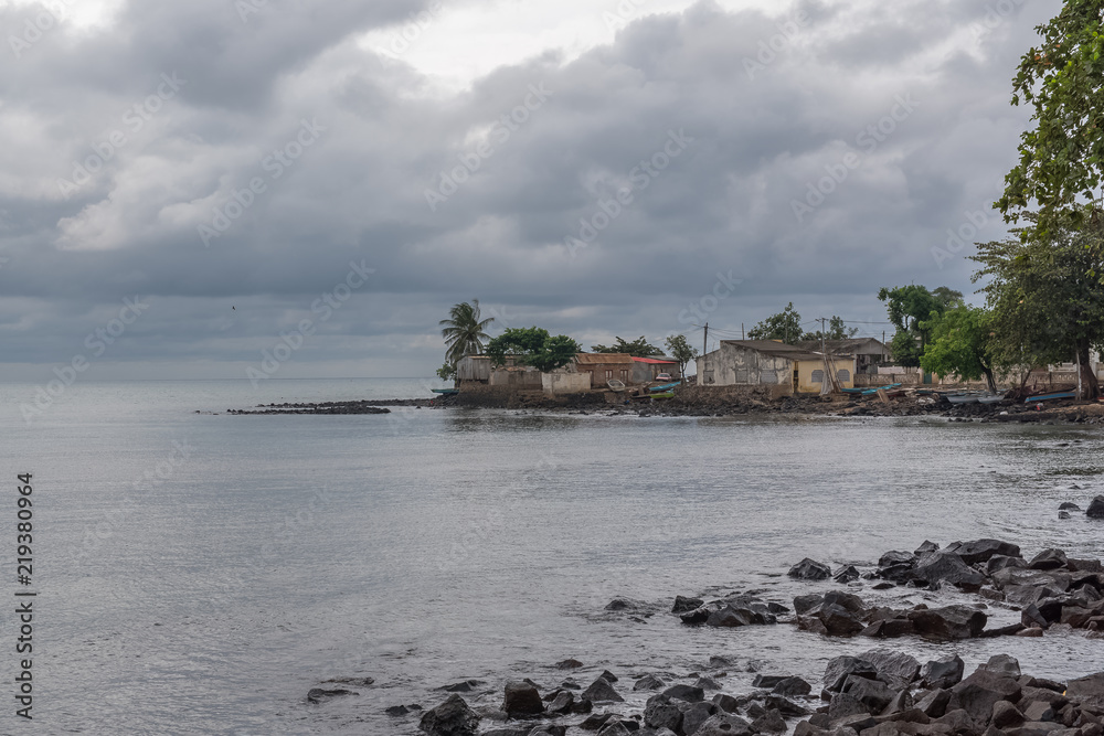 Sao Tome, dugouts on the beach in the capital Sao Tome, beautiful seascape
