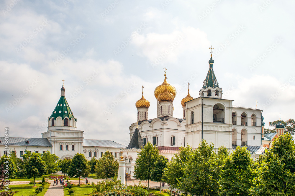 Beautiful view of the Holy Trinity Ipatiev monastery in Russia in the city of Kostroma on the Volga