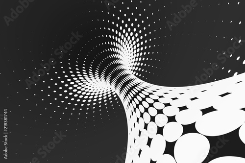 Black and white dotted spiral tunnel. Striped twisted spotted optical illusion. Abstract halftone background. 3D render.