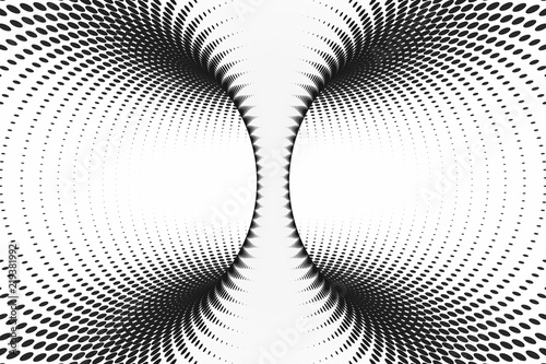 Black and white dotted spiral tunnel. Striped twisted spotted optical illusion. Abstract halftone background. 3D render.