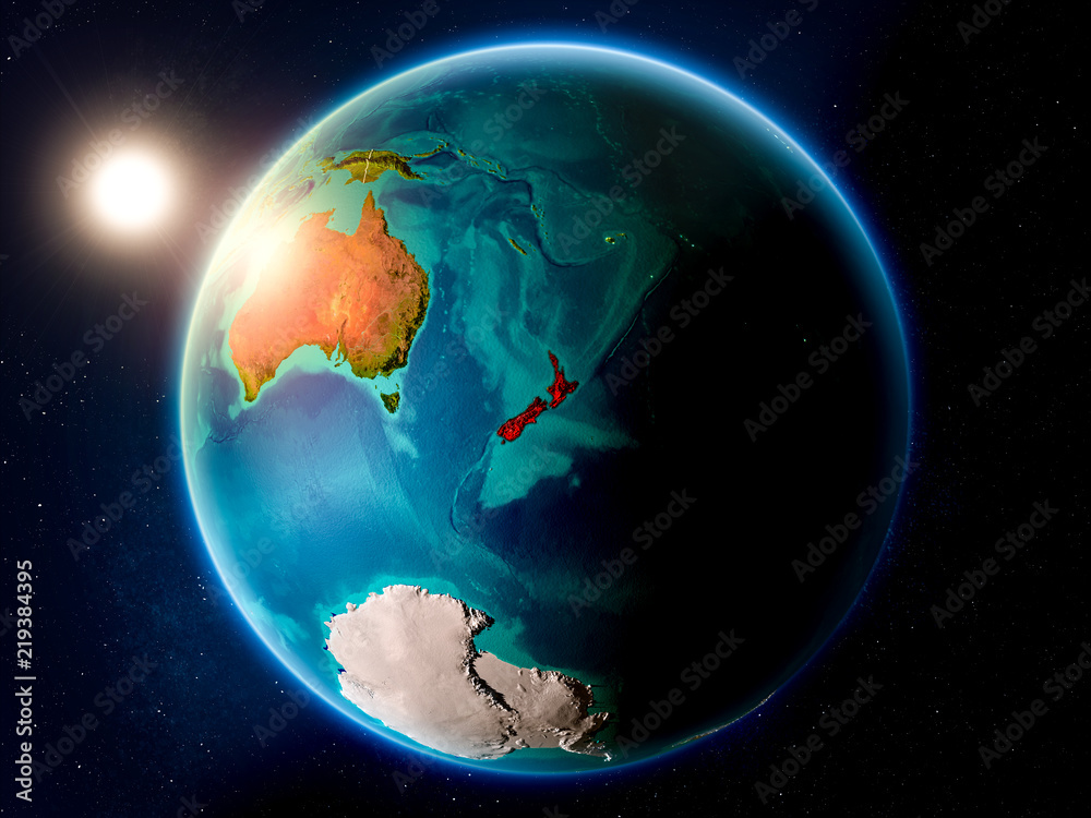 Obraz premium New Zealand with sunset from space