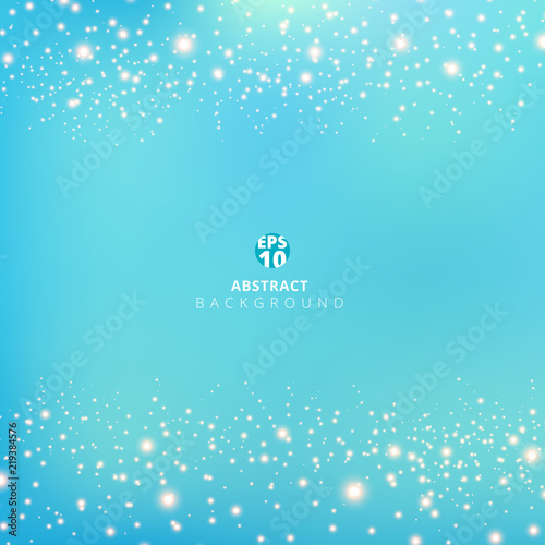 Abstract blue blurred background with beauty golden glowing glitter float on air. photo