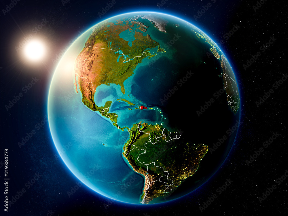 Fototapeta premium Dominican Republic with sunset from space