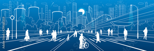 Urban City Infrastructure Illustration. People walking at street. Modern town. Train move on bridge. Illuminated highway. Factory thermal power plant. Monorail road. Vector design art