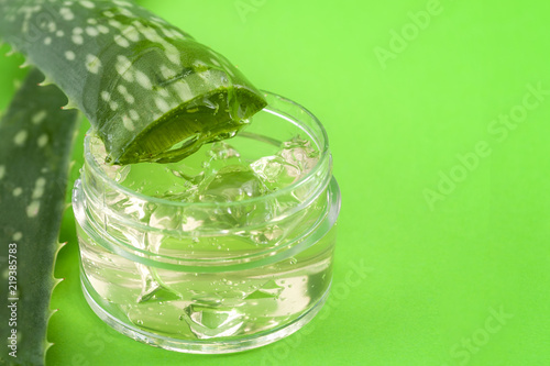 Natural beauty products and plant based clinical treatment concept with macro close up on an aloe vera plant leaf and gel isolated on green background with copy space