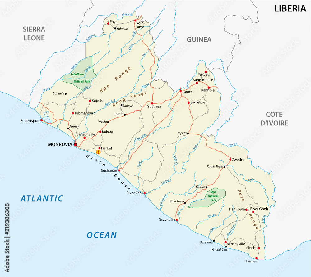Republic of Liberia road and national park vector map