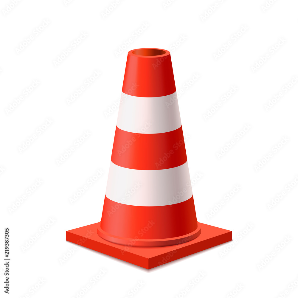 Bright red and white road cone isolated on white Bright red and white road cone isolated on white