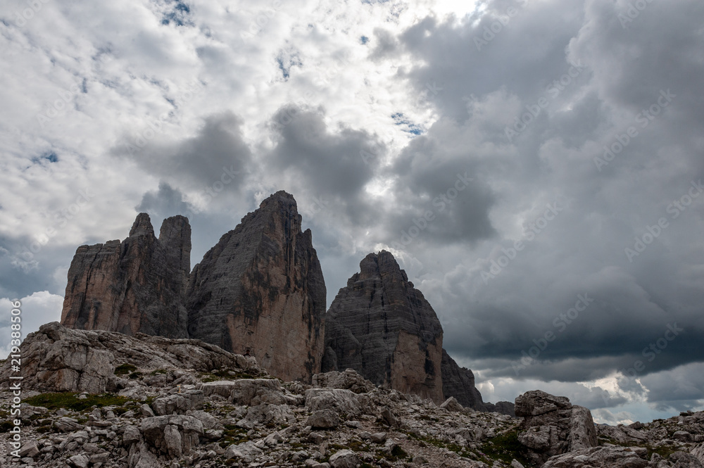 The Tre Cime di Lavaredo, the most famous peaks in the Italian Dolomites, on a summer afternoon