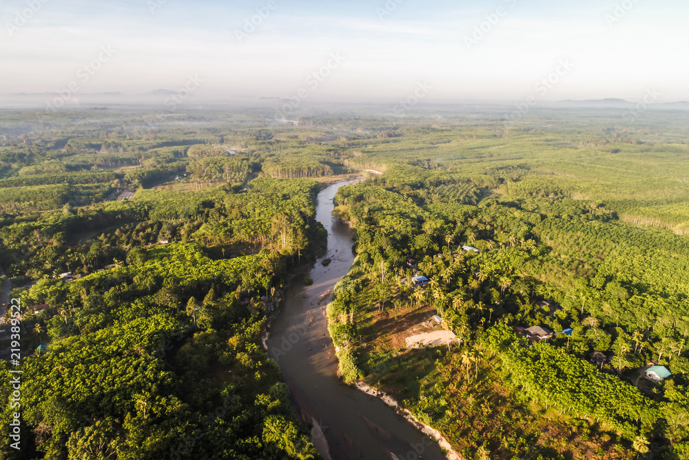 Aerial view of nature landscape green tropical forest with river