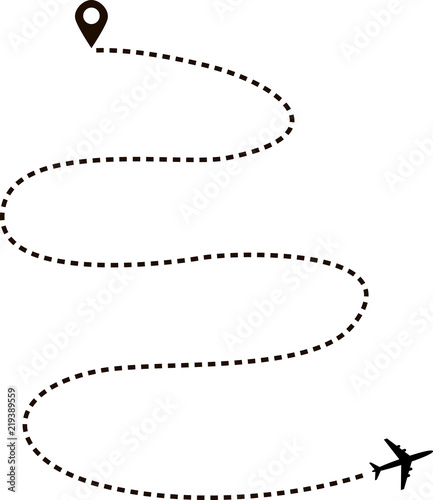 Abstract aircraft flying on white background. Airplane route in dotted line shape. Travel, trip or journey concept vector illustration