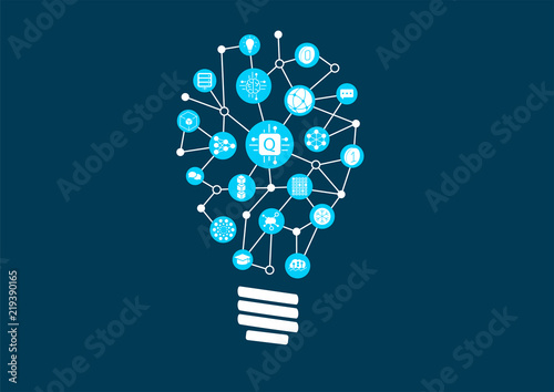 Quantum computing vector illustration as example for digital innovation. Icons arranged as light bulb1