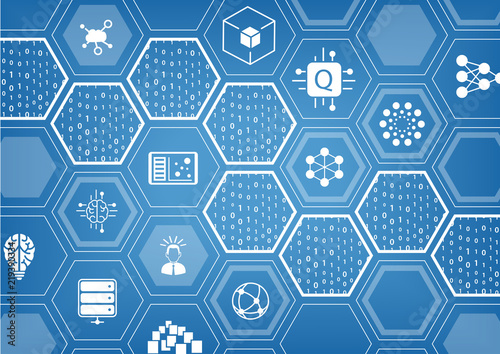 Quantum Computing vector illustration on blue background with hexagonal shapes and icons